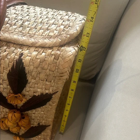 Woven Straw Tote Bag with Brown Leather Trim and Floral Accents -Acapulco - Picture 12 of 13